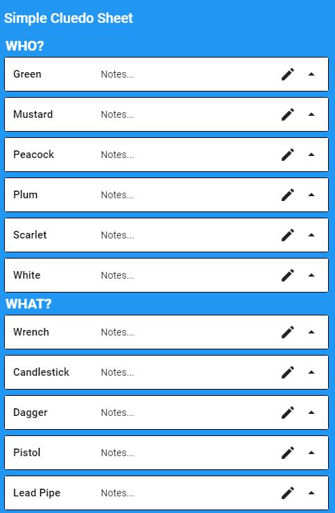 Simple Clue Sheet (Cluedo)