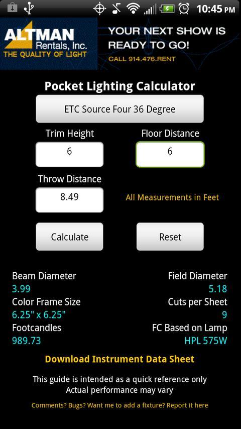 Stage Lighting Beam Calculator